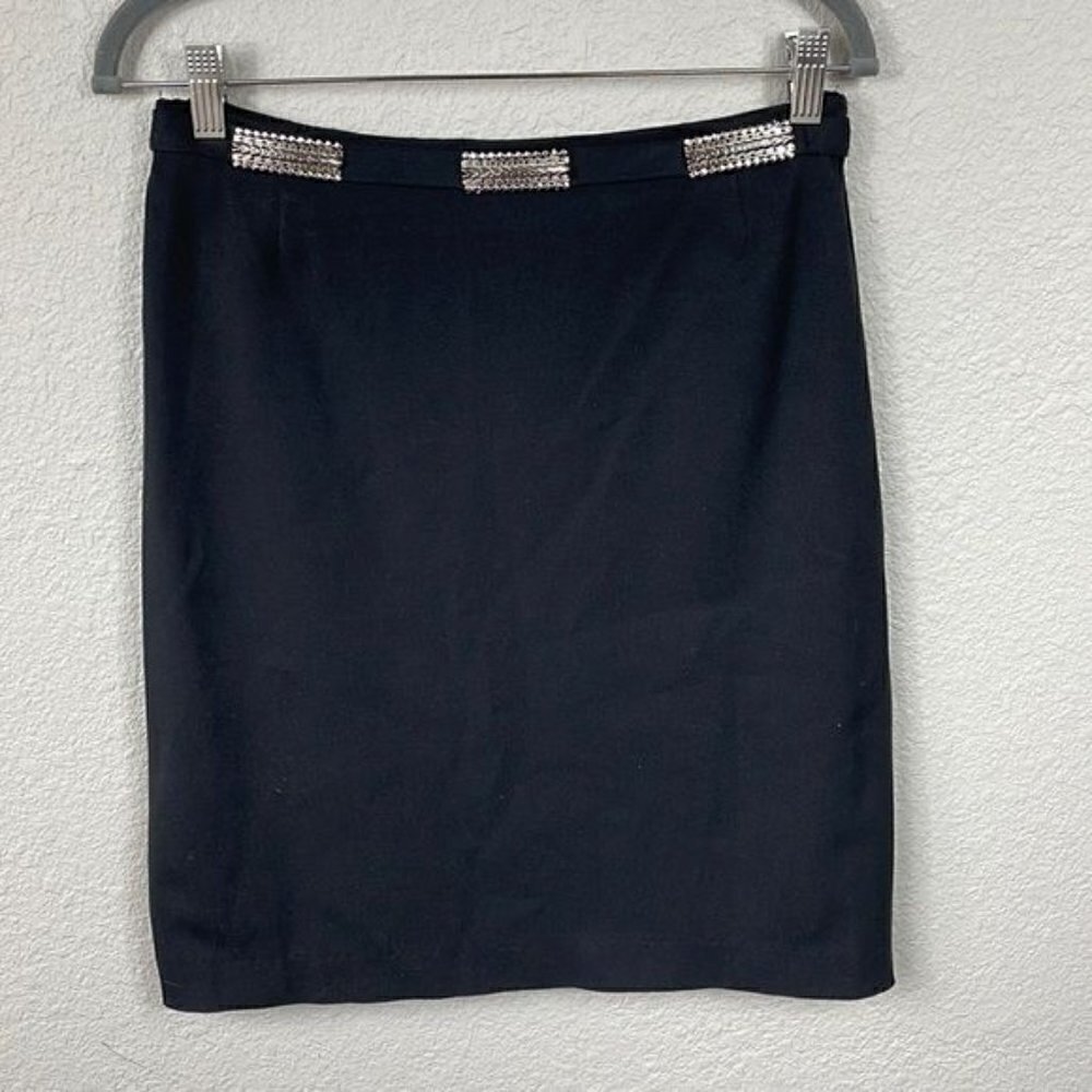Vertigo Paris Black Pencil Skirt Silver Metal Bars Career Office